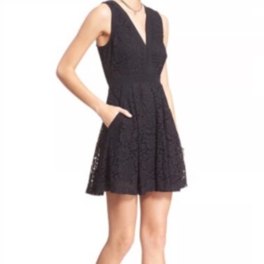 Free People Black Lace Fit and Flare V-Neck Dress with Pockets Sleeveless